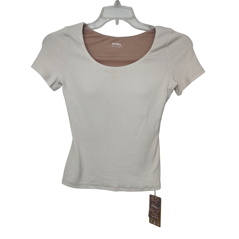 OGL Move Cream Ribbed Scoop Neck Short Sleeve Top with Built-in Bra Size Small